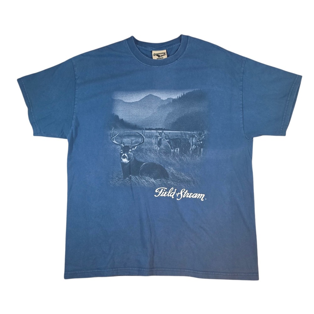 Field Stream Mens XL T-Shirt Blue Deer Wildlife Graphic Short Sleeve Cotton